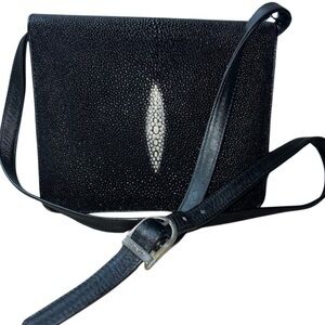 River Genuine Black White Stingray Leather Flap Clutch Crossbody Bag, NWT